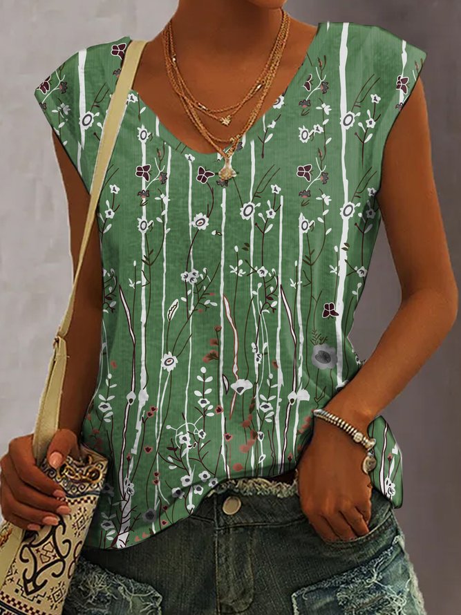 V Neck Floral Casual Printing Tank Top