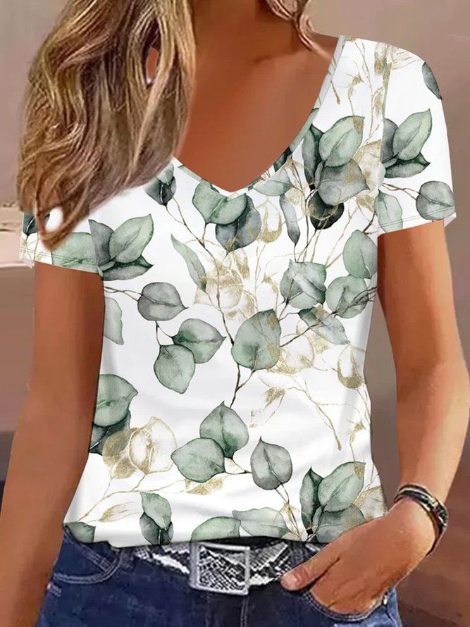 Plus Size Leaf Casual Loose Knitted T-Shirt