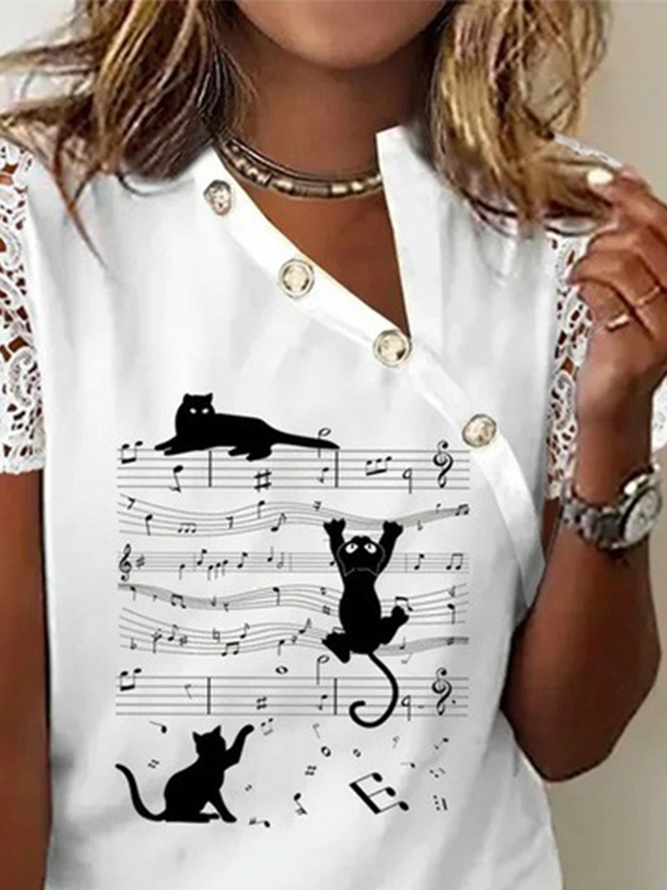 Cat Lace Short Sleeve Buckle Asymmetrical Collar Casual Shirt