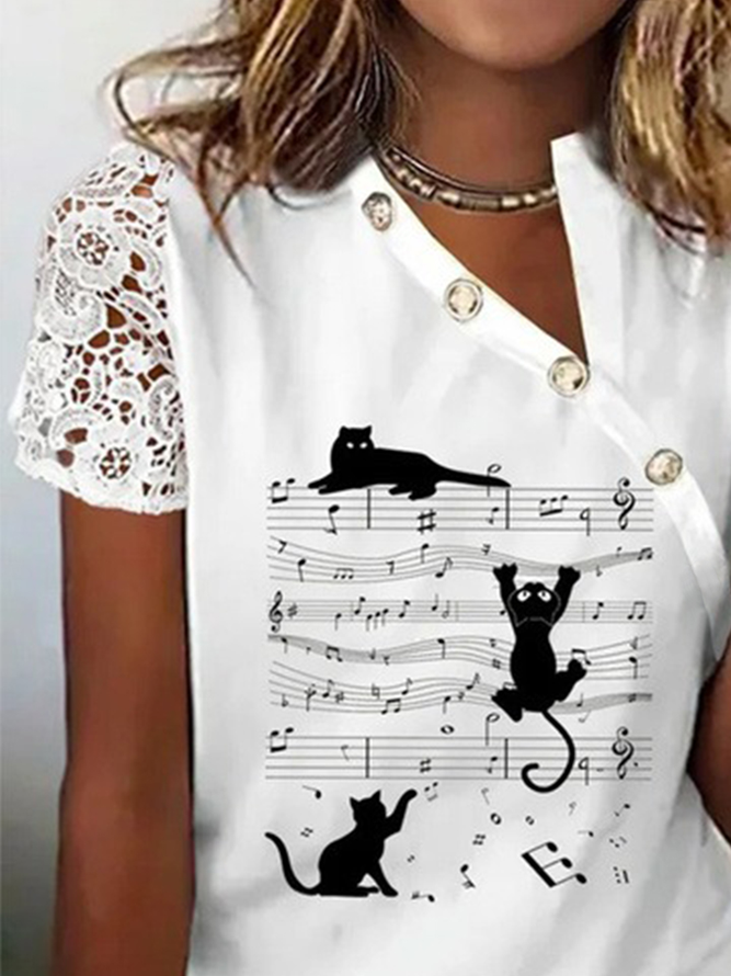 Cat Lace Short Sleeve Buckle Asymmetrical Collar Casual Shirt
