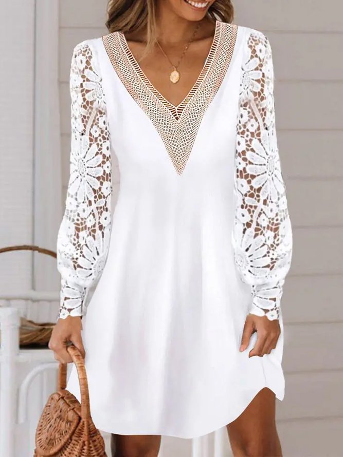Lace V Neck Casual Plain Dress