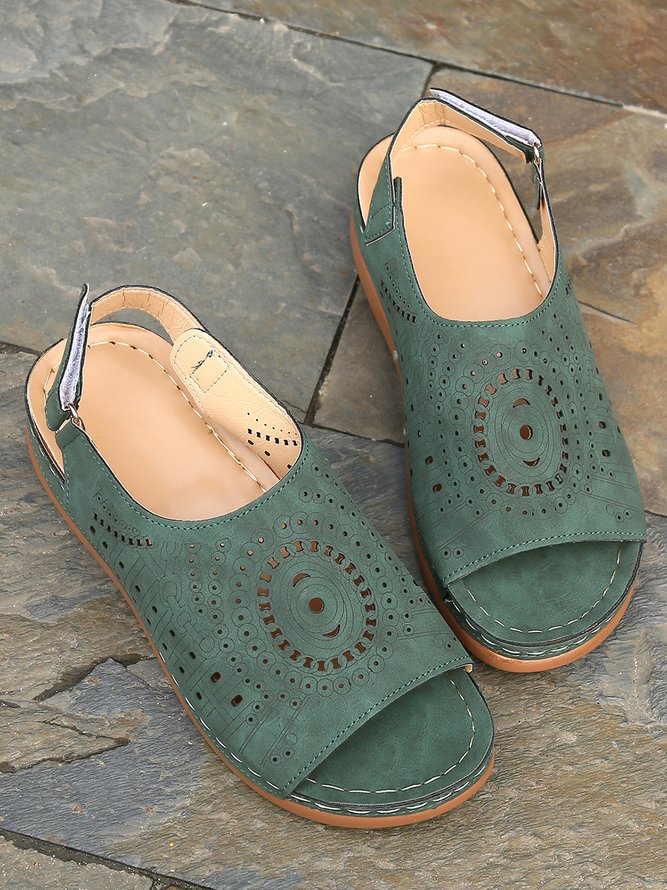 Ethnic Pattern Breathable Hollow Retro Casual Wedge Sandals