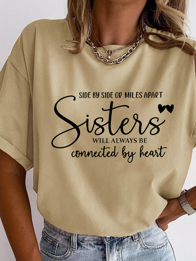 Casual Crew Neck Sisters Letters Print T-Shirt