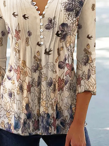 Casual Notched Buckle Floral Printed Tunic Blouses