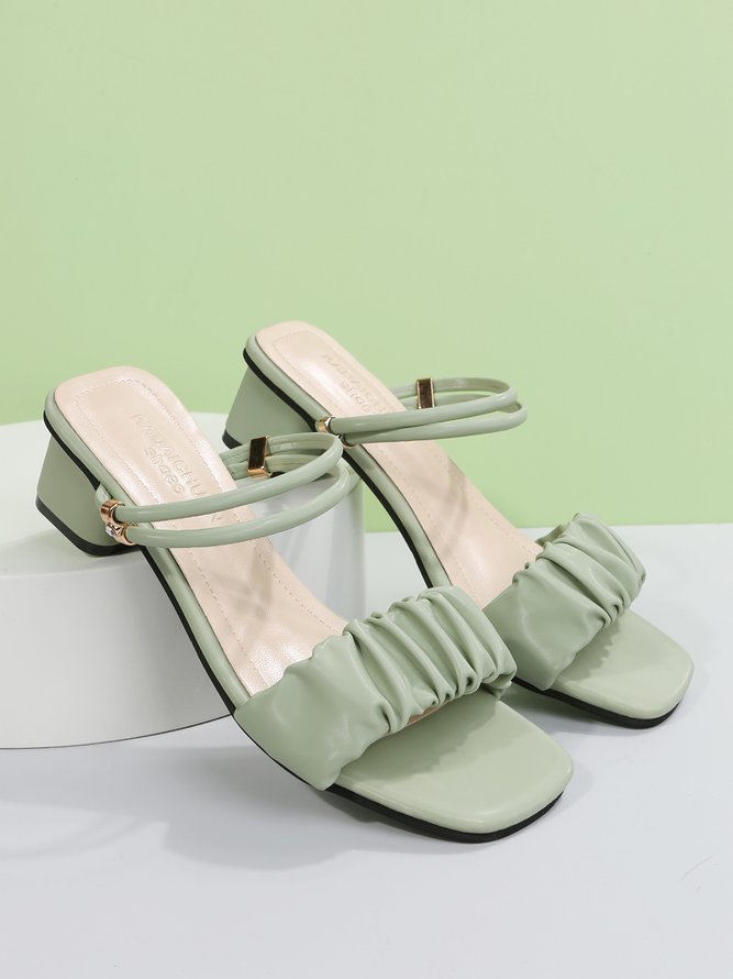 Solid Color Pleated Strap Two Wear Chunky Heel Sandals