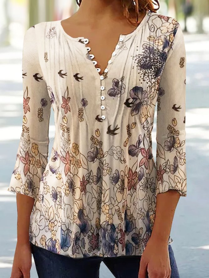 Casual Notched Buckle Floral Printed Tunic Blouses