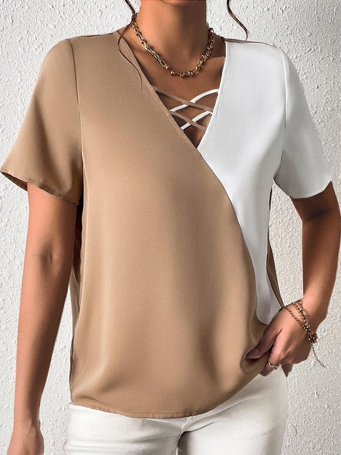 Casual Color Block V Neck Hollow Out Shirt