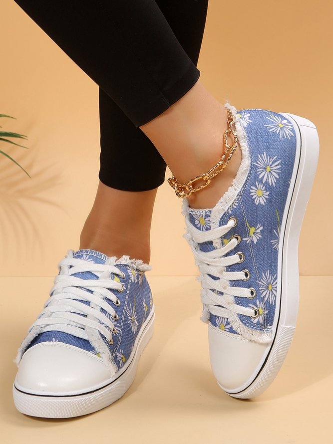 Daisy Graphic-Print Denim Lace-Up Canvas Flats