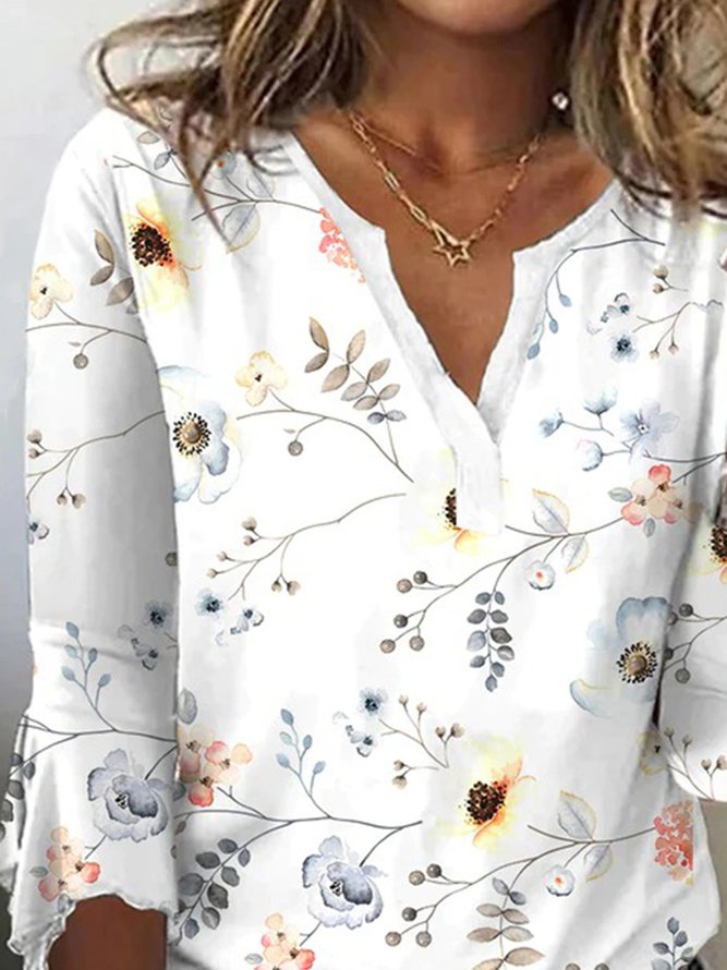 Floral Casual Notched Three Quarter Shirt