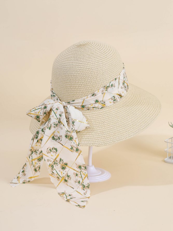 Vacation Floral Ribbon Decorated Straw Hat Bohemia Beach Women's Sunscreen Accessories