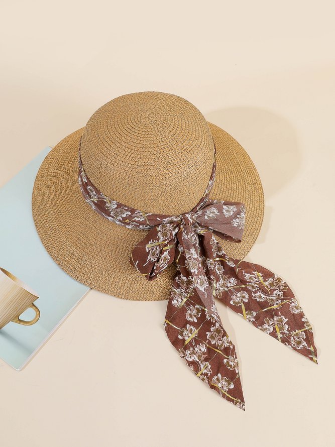 Vacation Floral Ribbon Decorated Straw Hat Bohemia Beach Women's Sunscreen Accessories