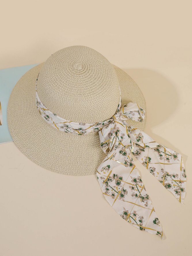 Vacation Floral Ribbon Decorated Straw Hat Bohemia Beach Women's Sunscreen Accessories