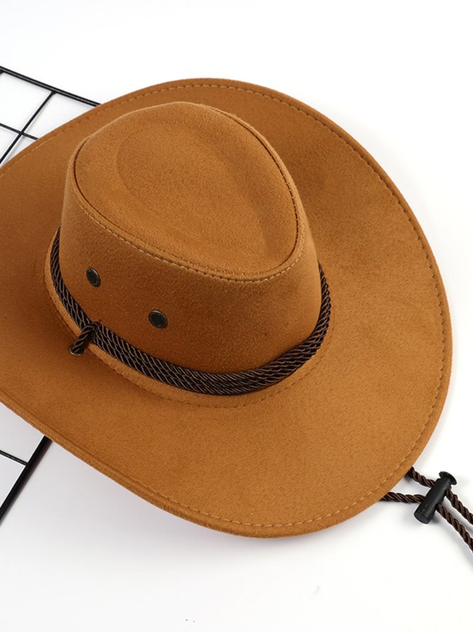 Vintage Plain Drawstring Wide Brim Hat Western Ethnic Cowboy Hat