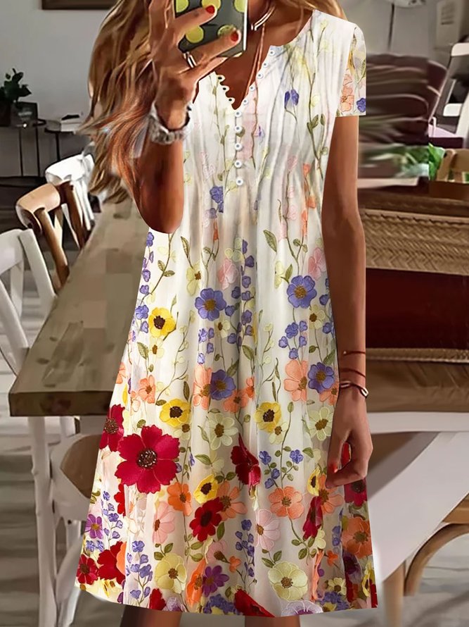 Loose Casual Buckle Floral Dress