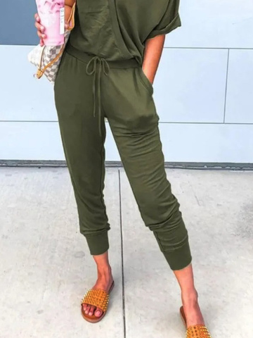 Plain Lace-up Pockets Casual Jumpsuit