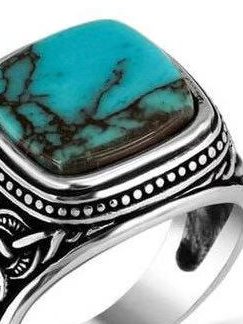 Vintage Turquoise Ethnic Embossed Pattern Ring Casual Vacation Women's Jewelry