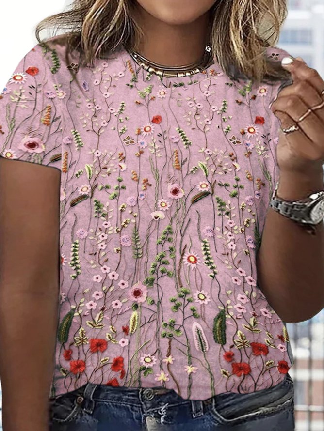 Plus Size Casual Jersey Floral Crew Neck T-Shirt