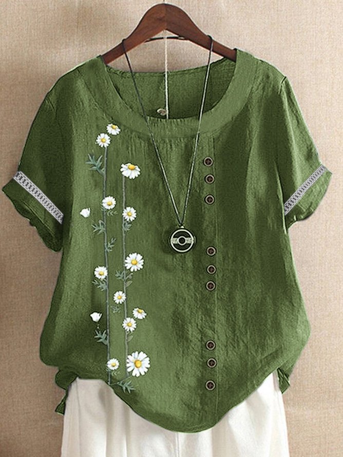 Small Daisy Short Sleeve Hollow out Lace Crew Neck Buckle Casual Blouse