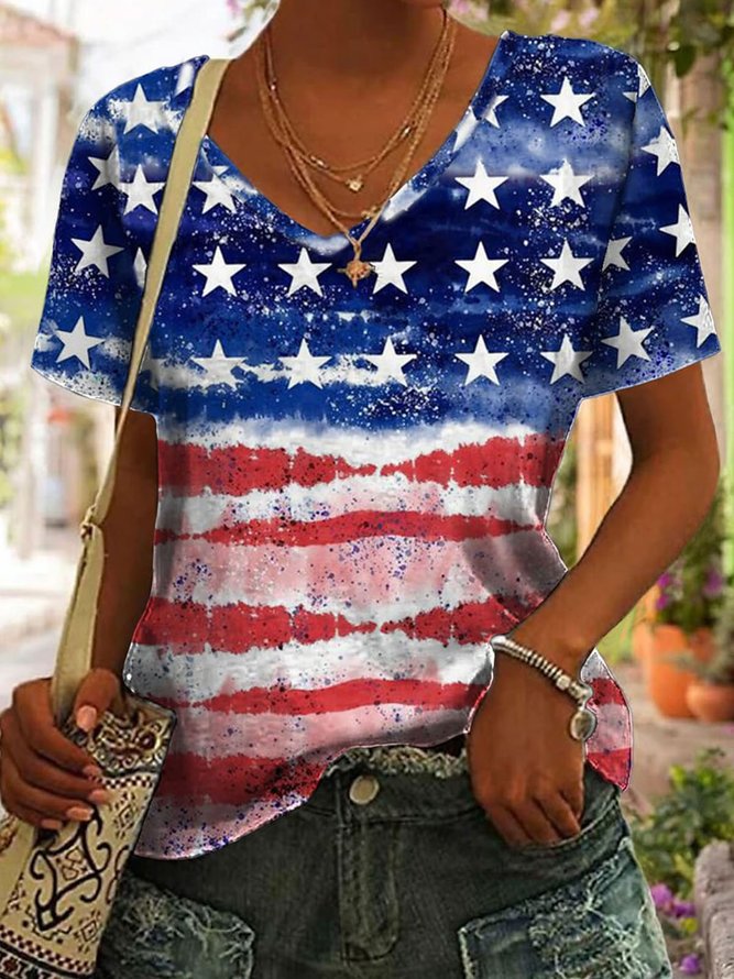 Casual Jersey Star V Neck Independence Day T-Shirt With America Flag