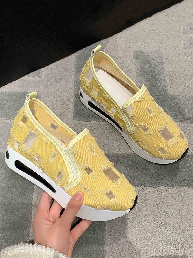 Mesh Ripped Denim Raw Hem Slip On Muffin Sneakers