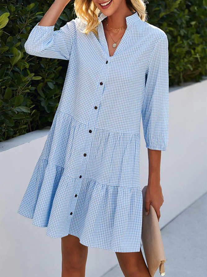 Plaid Buckle Stand Collar Casual Tunic Dress