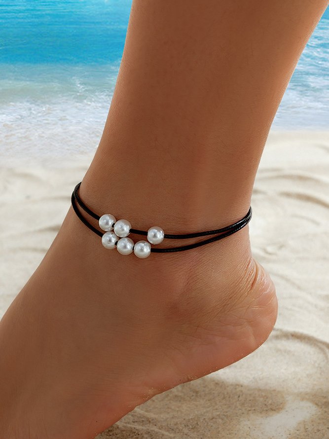Casual Pearl Beaded Leather Multi-layered Anklet Vacation Vintage Women's Jewelry