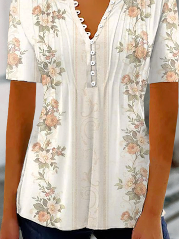 Casual Notched Floral Buttoned Shirt