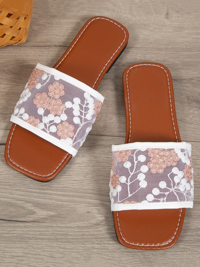 Plants Embroidery Mesh Wide Strap Slide Sandals