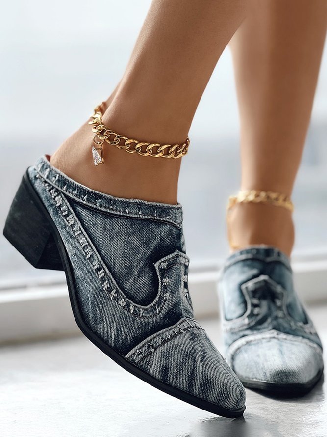 Distressed Denim Blue Chunky Heel Mules