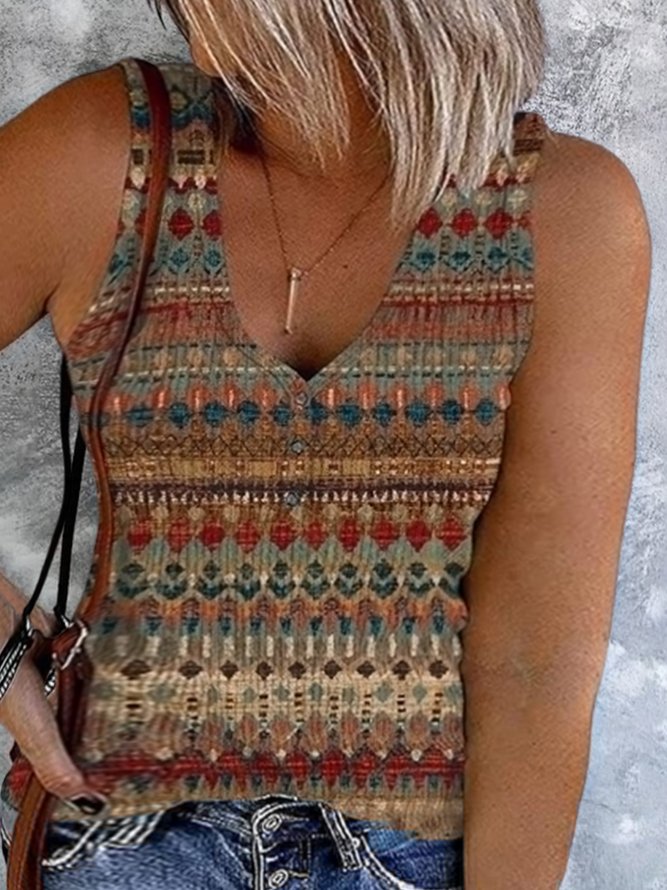 Plus Size Ethnic Loose Vacation V Neck Tank Top