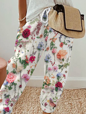 Floral Lace-up Pockets Casual Pants