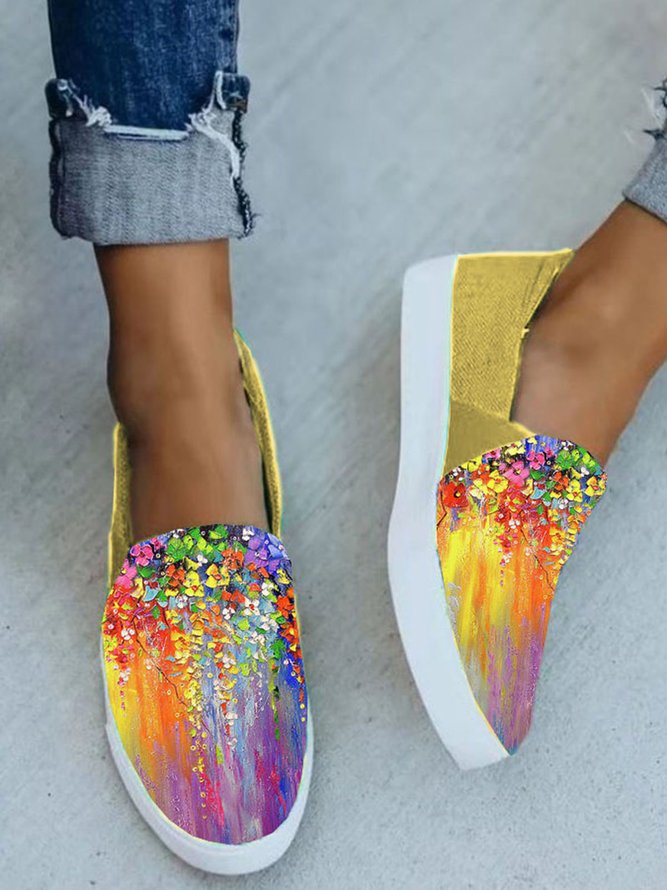 Art Floral Printed Casual Slip On Shoes