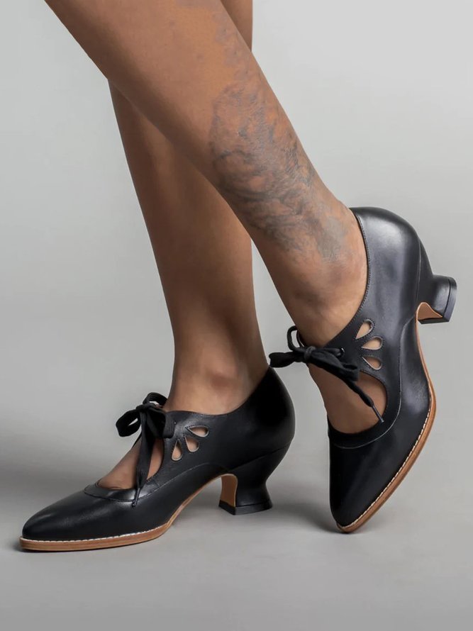 Vintage Bow Decor Hollow out Spool Heel Mary Jane Shoes
