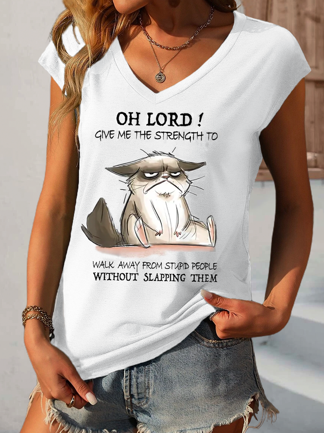 Funny Word Oh Lord Cat Printed V Neck T-Shirt