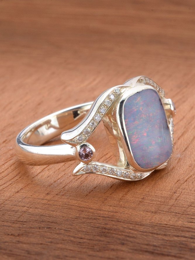 Casual Opal Moonstone Diamond Ring Vintage Ethnic Women's Jewelry