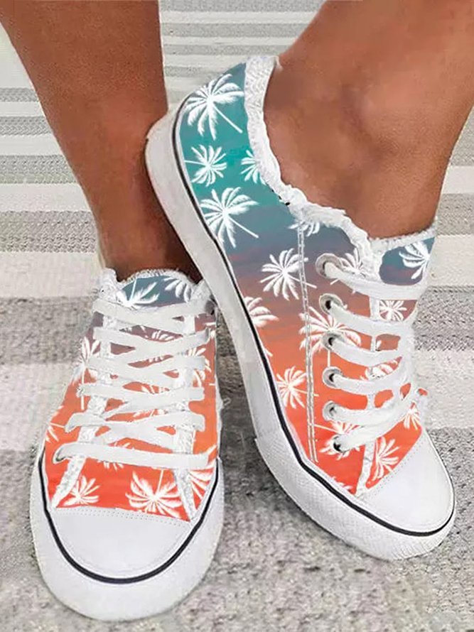 Coconut Tree Printed Ombre Frayed Raw Hem Canvas Shoes