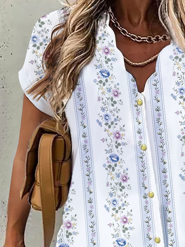 Loose V Neck Floral Casual Buckle Blouse