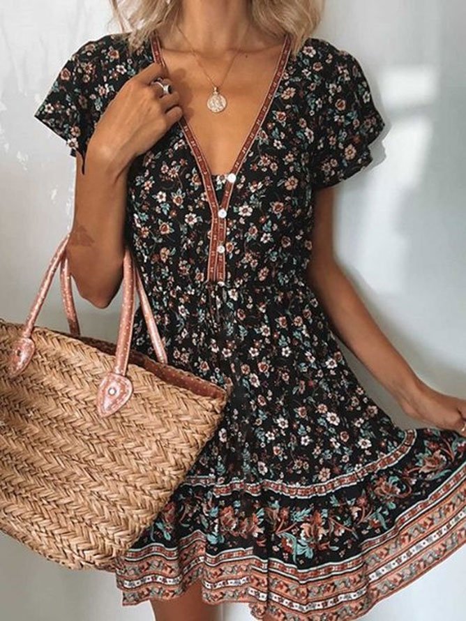 Plus Size Loose Vacation Cotton-Blend Floral Dress