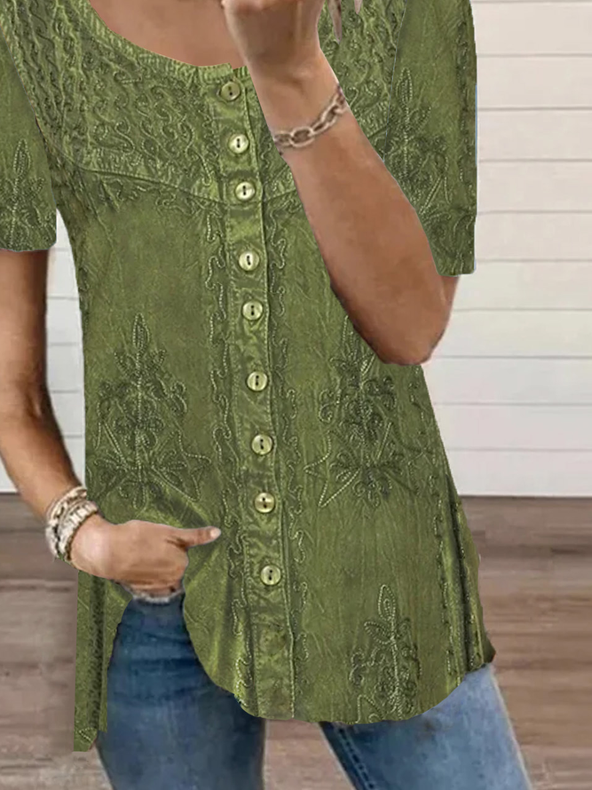 Casual Loose Ethnic Crew Neck Blouse