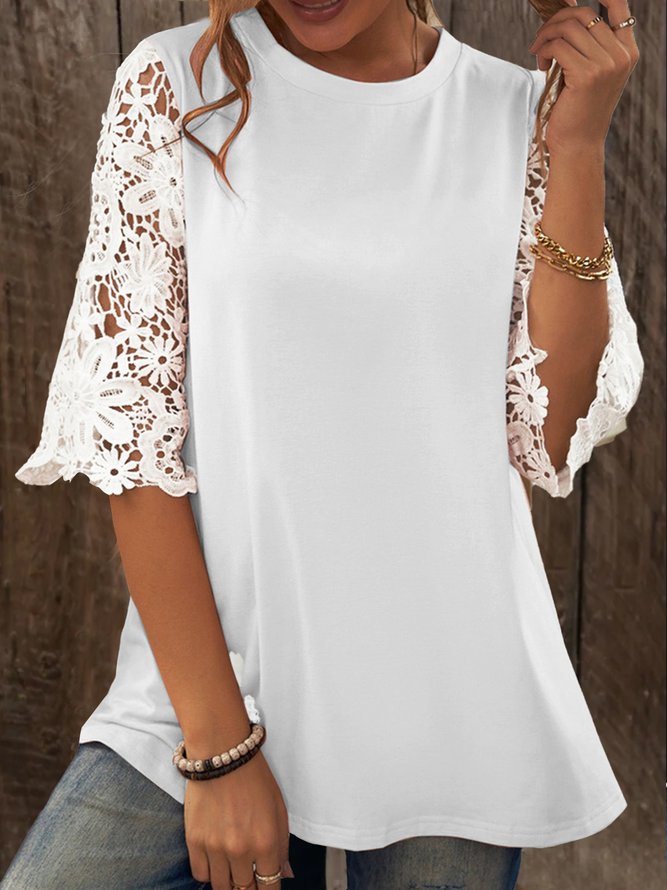 Crew Neck Lace Lace Casual Shirt