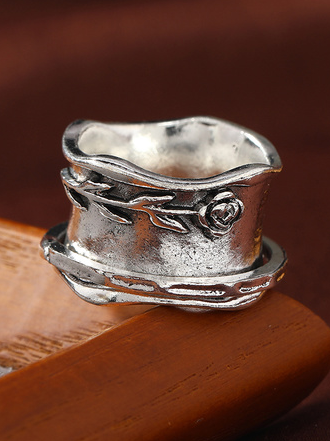 Vintage Silver Metal Rose Embossed Ring Ethnic Casual Women Accessories