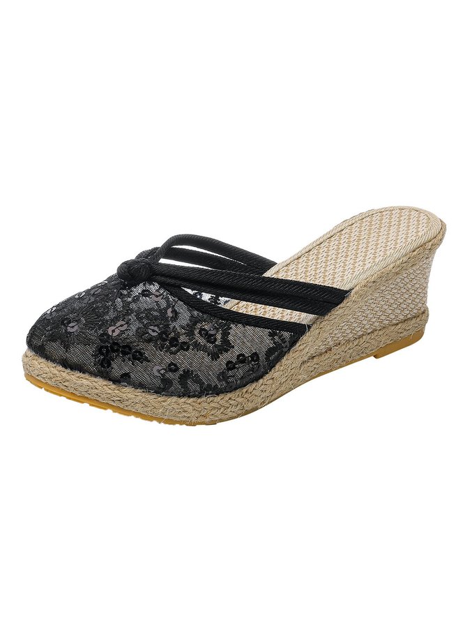 Breathable Mesh Plants Embroidery Wedge Heel Mules