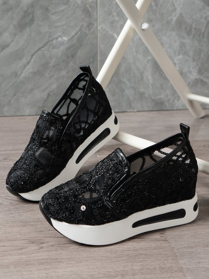 Women's Lace Sequin Mesh Wedge Sneakers – Platform Slip-On With Arch Support, Floral Embroidery
