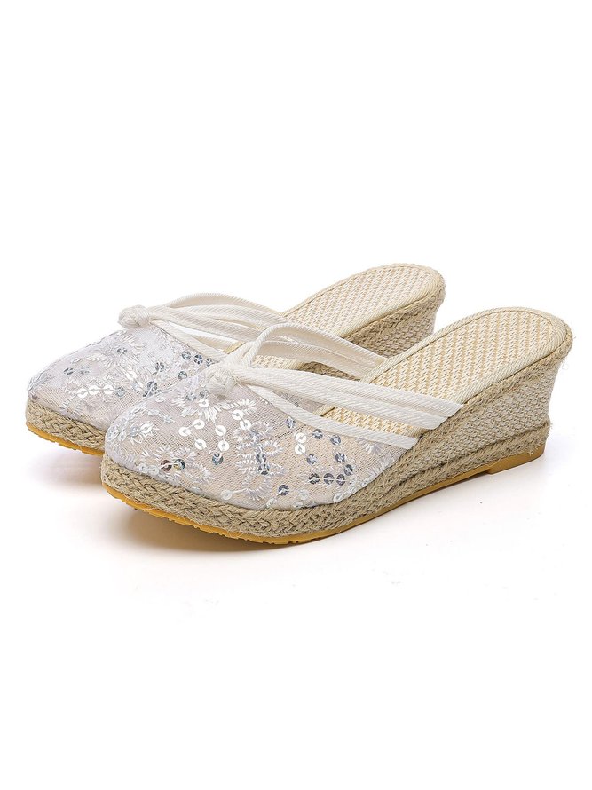 Breathable Mesh Plants Embroidery Wedge Heel Mules
