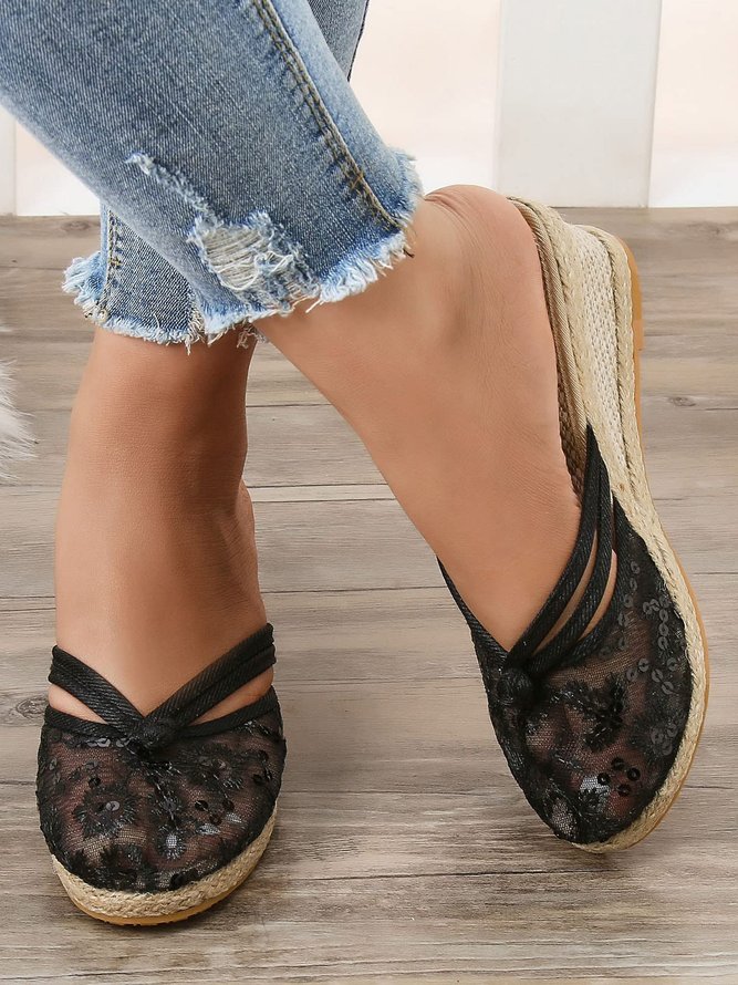 Breathable Mesh Plants Embroidery Wedge Heel Mules