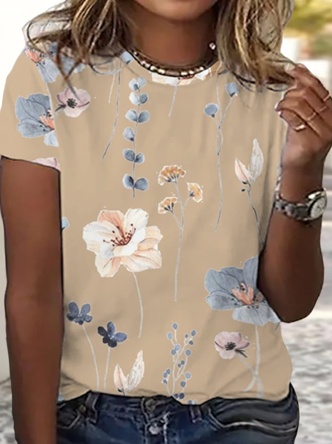 Plus Size Casual Knitted Loose Floral T-Shirt