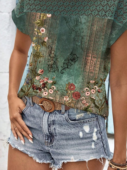 Floral Lace Crew Neck Casual Shirt