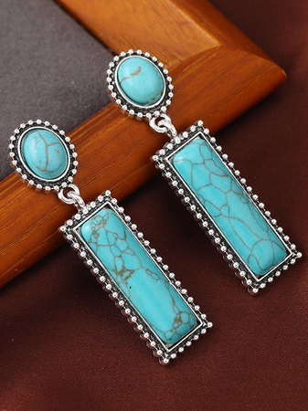 Vintage Silver Metal Turquoise Distressed Earrings Ethnic Women's Jewelry