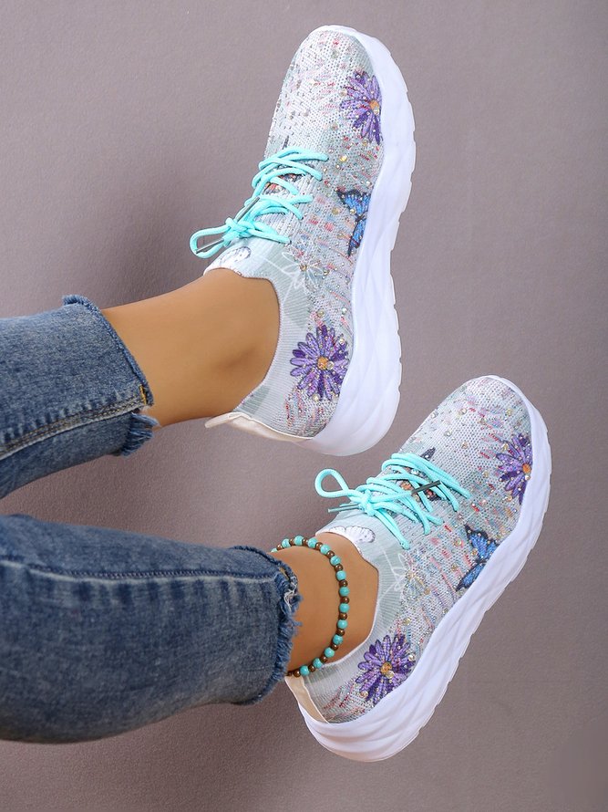 Purple Daisy Printed Rhinestone Breathable Slip On Sneakers