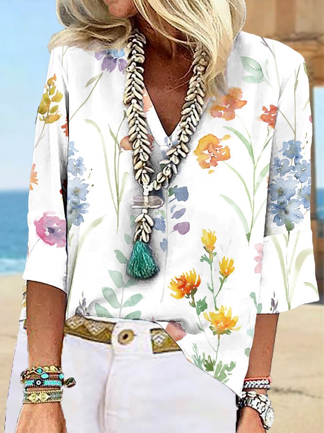 Casual Loose V Neck Floral Shirt